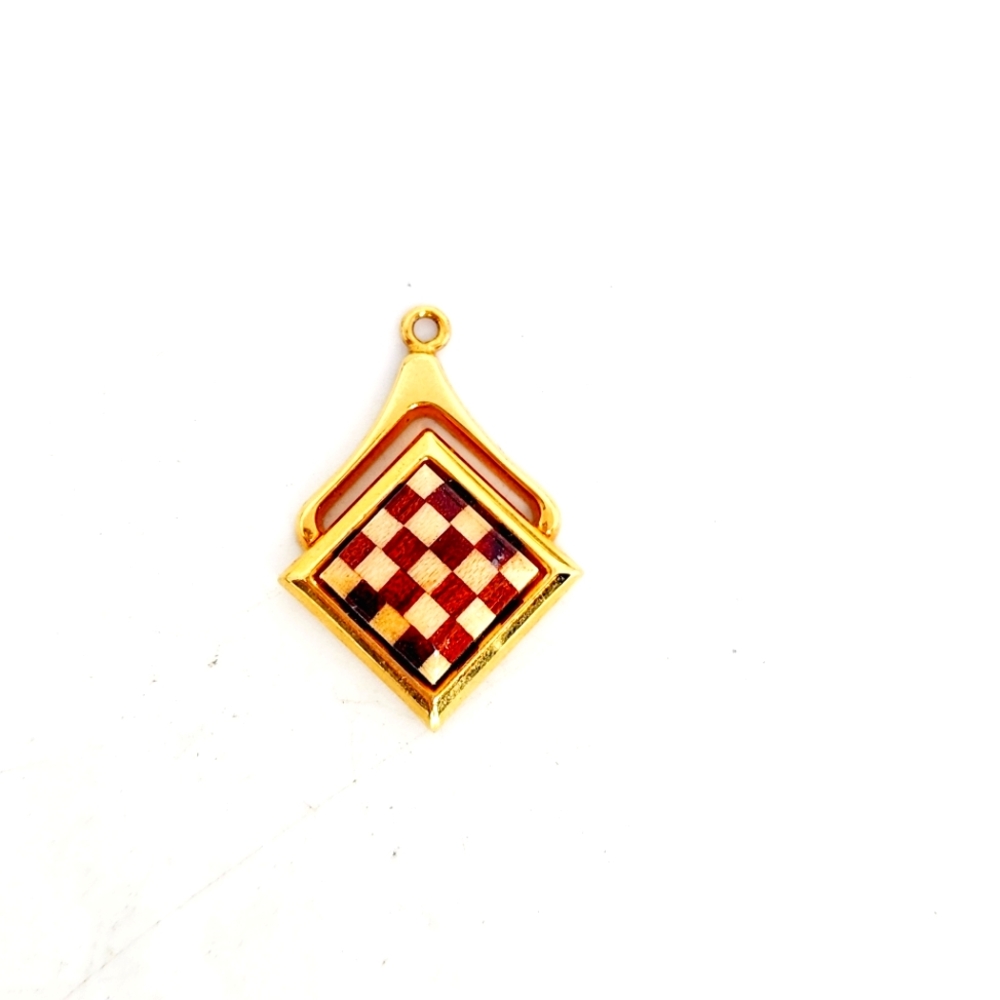 Hakone Marquetry Art Pendant Handmade Detailed Wood Checker Design Necklace Gold